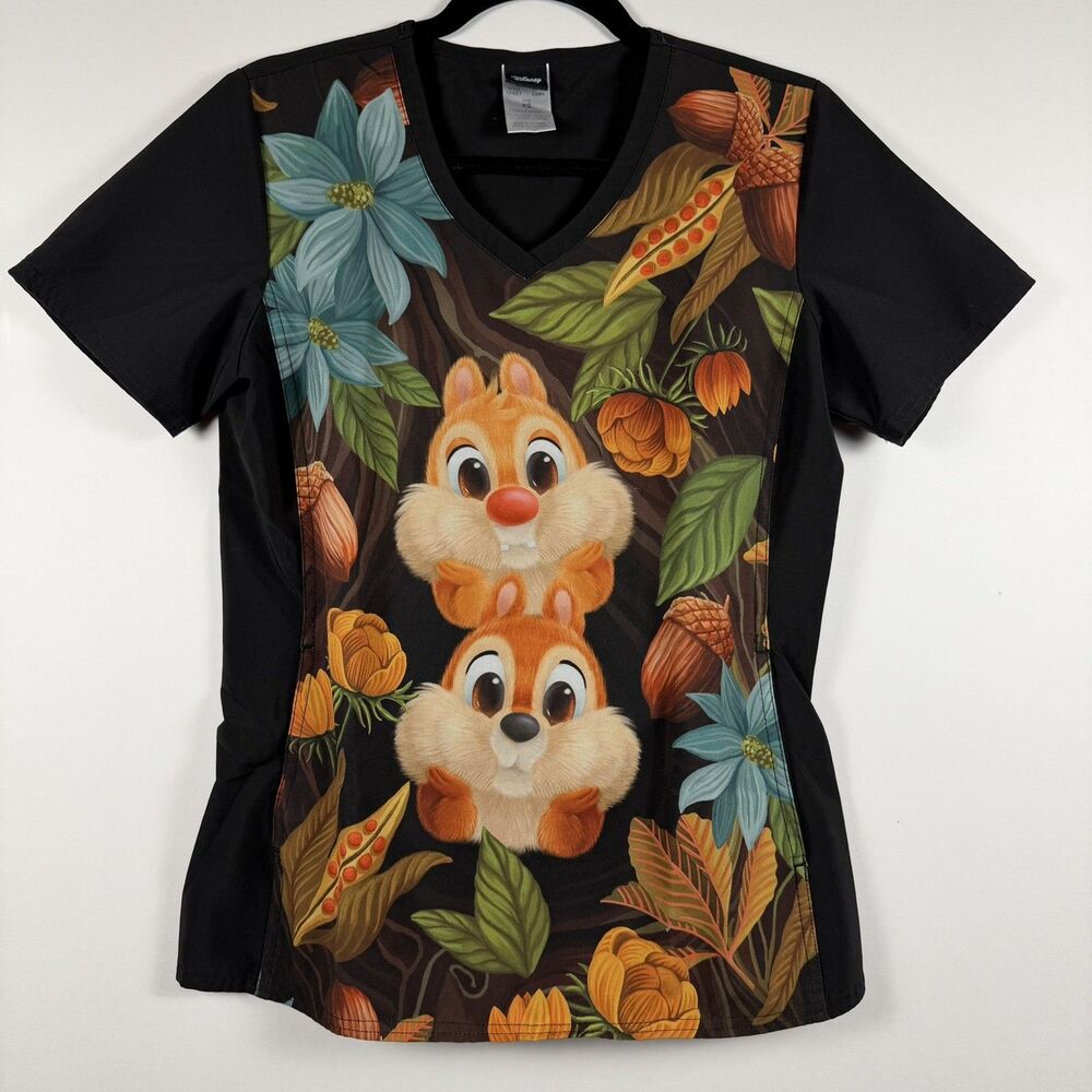 Disney Scrubs Top Women's Size XS Black Chip n Dale Vneck Hospital Nurse Medical